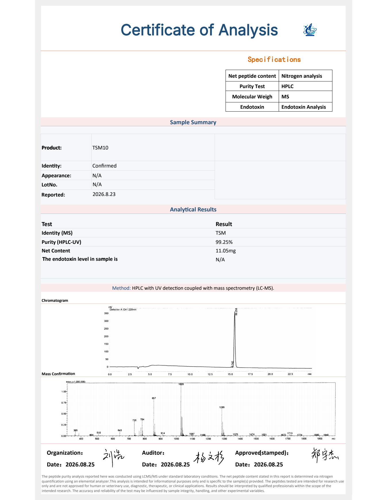Preview of Tesamorelin / TSM10 — test report